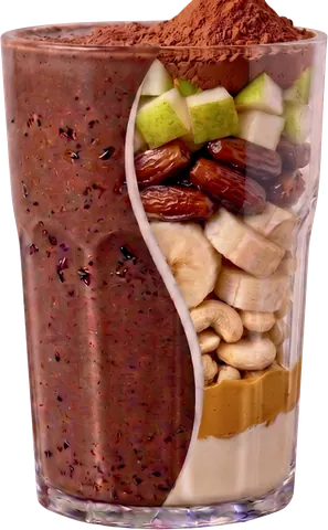 VIVA CACAO — Cacao puro, pera, dátil, banana, castañas de cajú, mantequilla de maní, bebida de soja vainilla, Ka'a He'ê (stevia).