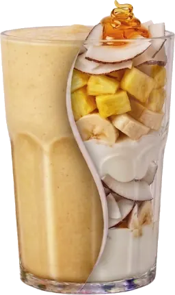 VIVA COLADA — Coco rallado, miel de abeja, piña, banana, yogur, bebida de coco.