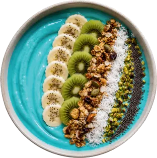 VIVA OASIS — Base: espirulina azul, banana, piña, yogur, bebida de coco, miel · Toppings: banana, kiwi, granola artesanal, coco rallado, pistacho tostado y chía.