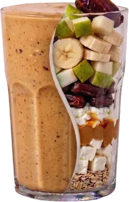 VIVA MANÍ — Dátil, pera, banana, queso ricotta, mantequilla de maní, avena, bebida de soja vainilla.