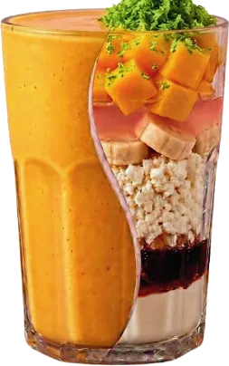 VIVA LASSI — Mango, ralladura de limón, agua de rosas, banana, queso ricotta, miel de caña, yogur, bebida de coco.