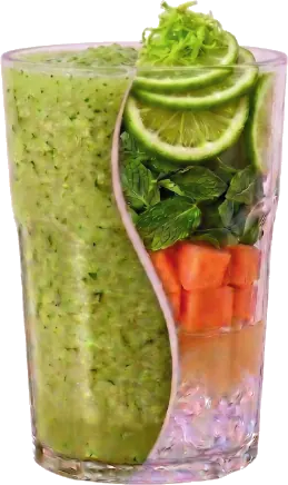 VIVA EXÓTICO — Ralladura de limón (zest), jugo de limón, menta, piña, melón, manzana exprimida, Ka'a He'ê (stevia).