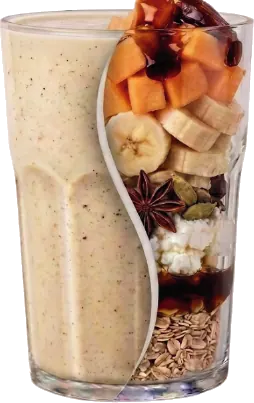 VIVA ALMA — Melón, banana, especias chai, queso ricotta, miel de caña, avena, bebida de soja vainilla.